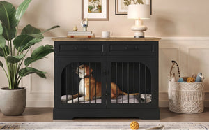 English Elm 43.3 Inch Farmhouse Dog Crate Furniture with 2 Drawers and Rotating Bowl Side Table N704P414580D