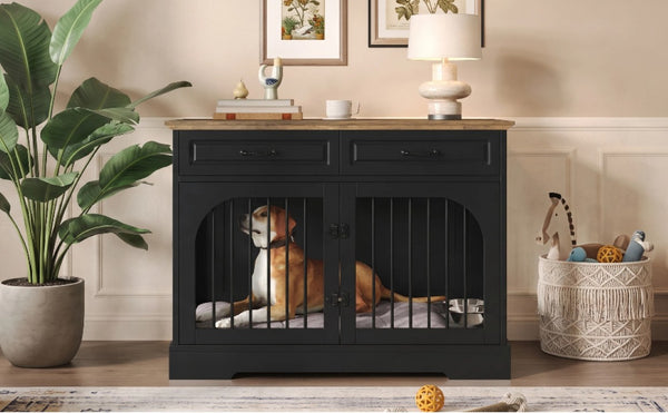 English Elm 43.3 Inch Farmhouse Dog Crate Furniture with 2 Drawers and Rotating Bowl Side Table N704P414580D