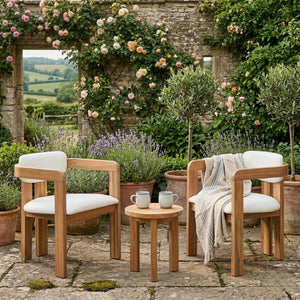 English Elm Set of 2 Solid Acacia Wood Outdoor Dining Armchairs with Cushioned Ergonomic Wraparound Backs Beige N704P417249A