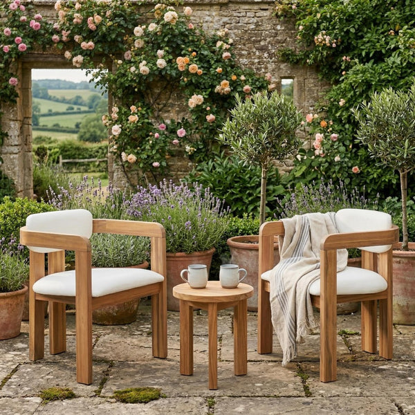 English Elm Set of 2 Solid Acacia Wood Outdoor Dining Armchairs with Cushioned Ergonomic Wraparound Backs Beige N704P417249A