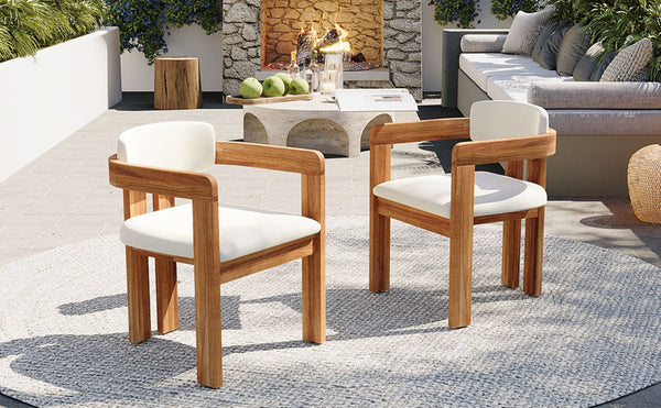 English Elm Set of 2 Solid Acacia Wood Outdoor Dining Armchairs with Cushioned Ergonomic Wraparound Backs Beige N704P417249A