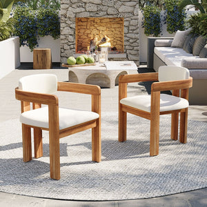 English Elm Set of 2 Solid Acacia Wood Outdoor Dining Armchairs with Cushioned Ergonomic Wraparound Backs Beige N704P417249A