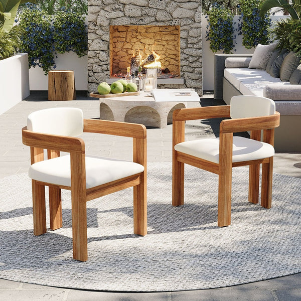 English Elm Set of 2 Solid Acacia Wood Outdoor Dining Armchairs with Cushioned Ergonomic Wraparound Backs Beige N704P417249A