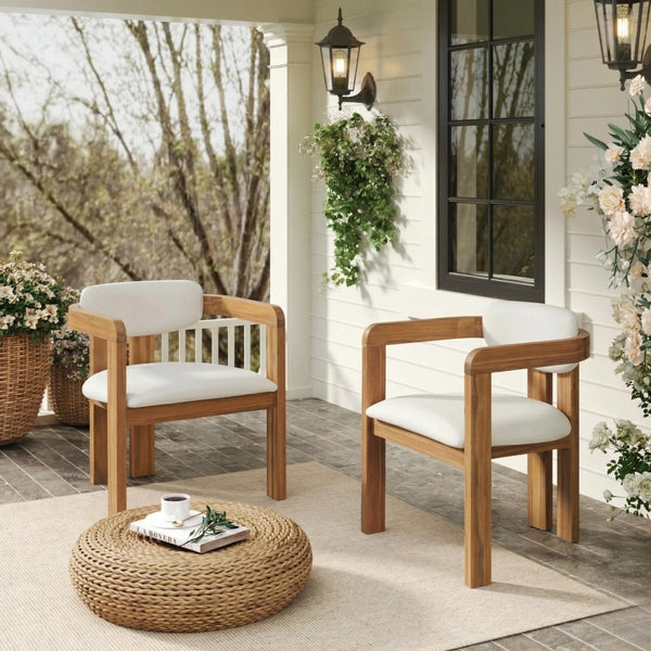 English Elm Set of 2 Solid Acacia Wood Outdoor Dining Armchairs with Cushioned Ergonomic Wraparound Backs Beige N704P417249A