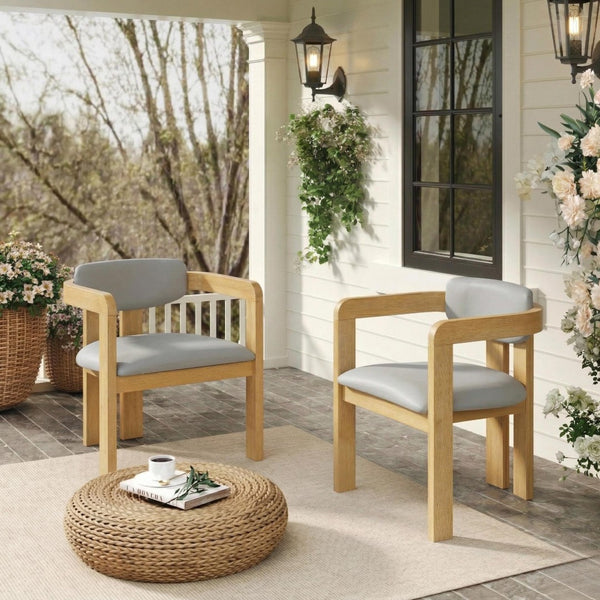 English Elm Set of 2 Solid Acacia Wood Outdoor Dining Armchairs with Cushioned Ergonomic Wraparound Backs Grey N704P417249L