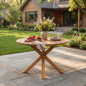 English Elm 44.5 Inch Round Outdoor Dining Table Slatted Acacia Patio Garden Deck Backyard Natural N704P417255A