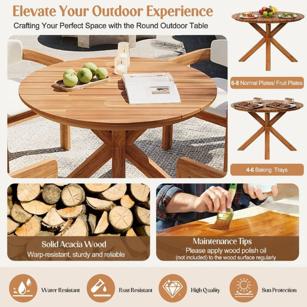 English Elm 44.5 Inch Round Outdoor Dining Table Slatted Acacia Patio Garden Deck Backyard Natural N704P417255A