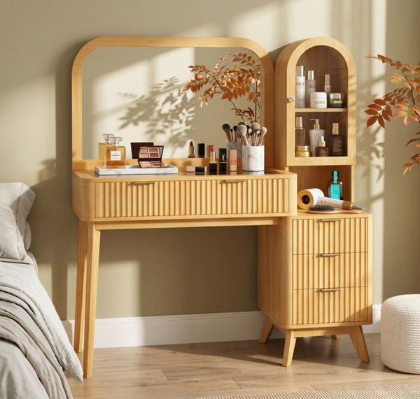 English Elm 48" Fluted Wood Vanity Desk with Arched Mirror Tempered Glass Top and Charging Station N704P420034N