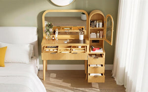 English Elm 48" Fluted Wood Vanity Desk with Arched Mirror Tempered Glass Top and Charging Station N704P420034N