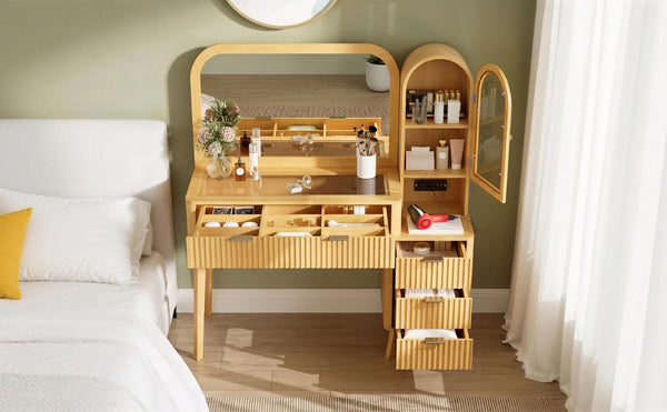 English Elm 48" Fluted Wood Vanity Desk with Arched Mirror Tempered Glass Top and Charging Station N704P420034N