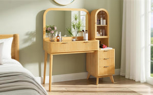 English Elm 48" Fluted Wood Vanity Desk with Arched Mirror Tempered Glass Top and Charging Station N704P420034N