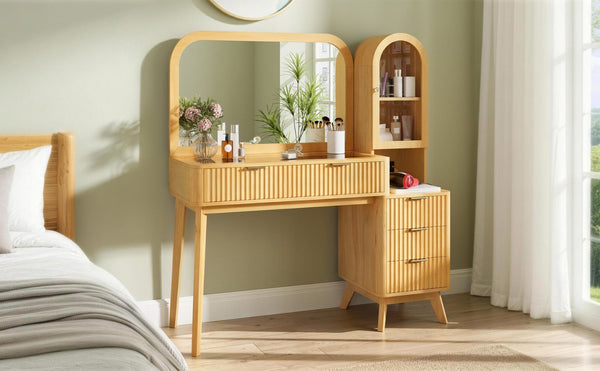 English Elm 48" Fluted Wood Vanity Desk with Arched Mirror Tempered Glass Top and Charging Station N704P420034N