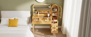 English Elm 48" Fluted Wood Vanity Desk with Arched Mirror Tempered Glass Top and Charging Station N704P420034N