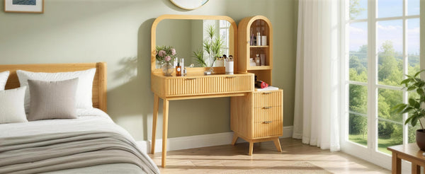 English Elm 48" Fluted Wood Vanity Desk with Arched Mirror Tempered Glass Top and Charging Station N704P420034N