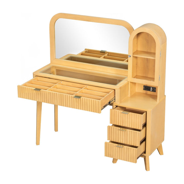 English Elm 48" Fluted Wood Vanity Desk with Arched Mirror Tempered Glass Top and Charging Station N704P420034N