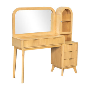 English Elm 48" Fluted Wood Vanity Desk with Arched Mirror Tempered Glass Top and Charging Station N704P420034N
