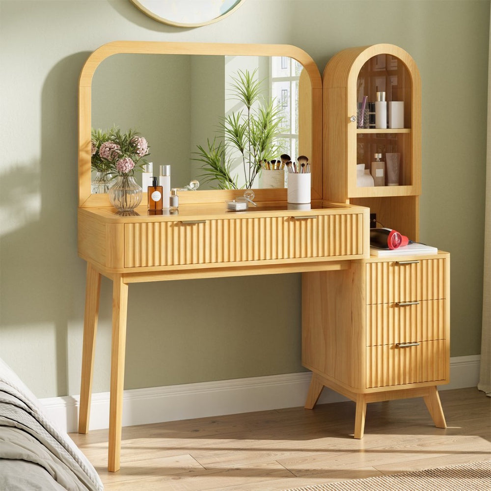 English Elm 48" Fluted Wood Vanity Desk with Arched Mirror Tempered Glass Top and Charging Station N704P420034N