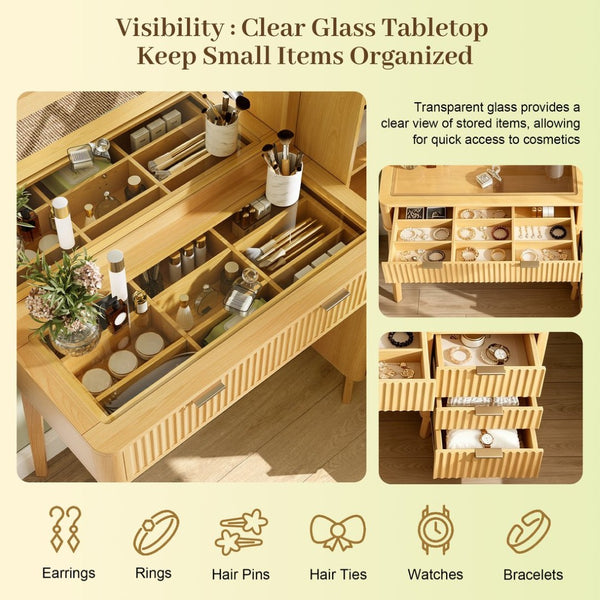 English Elm 48" Fluted Wood Vanity Desk with Arched Mirror Tempered Glass Top and Charging Station N704P420034N