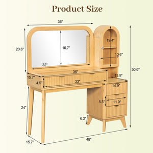 English Elm 48" Fluted Wood Vanity Desk with Arched Mirror Tempered Glass Top and Charging Station N704P420034N