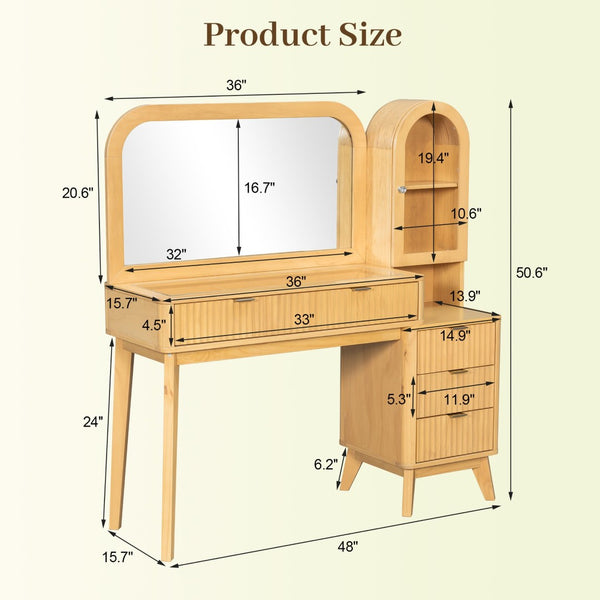 English Elm 48" Fluted Wood Vanity Desk with Arched Mirror Tempered Glass Top and Charging Station N704P420034N