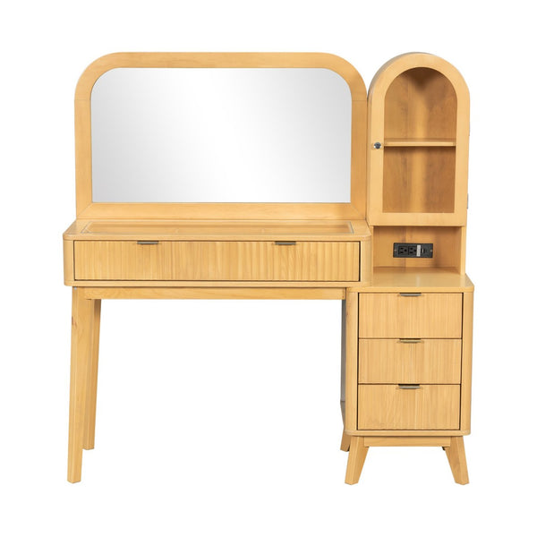 English Elm 48" Fluted Wood Vanity Desk with Arched Mirror Tempered Glass Top and Charging Station N704P420034N