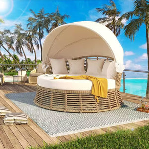 English Elm <old Outdoor Pe Wicker Round Daybed with Retractable Canopy and Convertible Lounge Seating N704P425943A