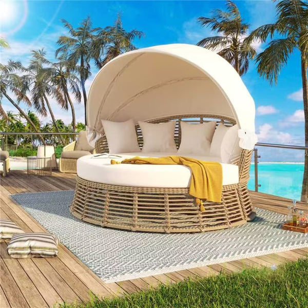 English Elm <old Outdoor Pe Wicker Round Daybed with Retractable Canopy and Convertible Lounge Seating N704P425943A