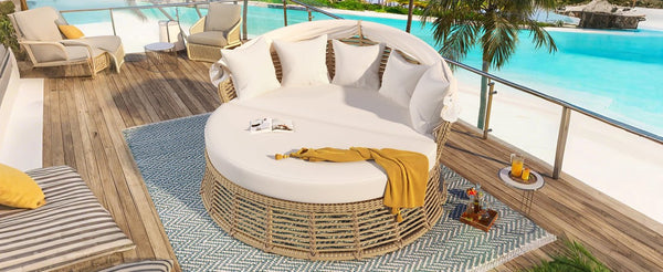 English Elm <old Outdoor Pe Wicker Round Daybed with Retractable Canopy and Convertible Lounge Seating N704P425943A
