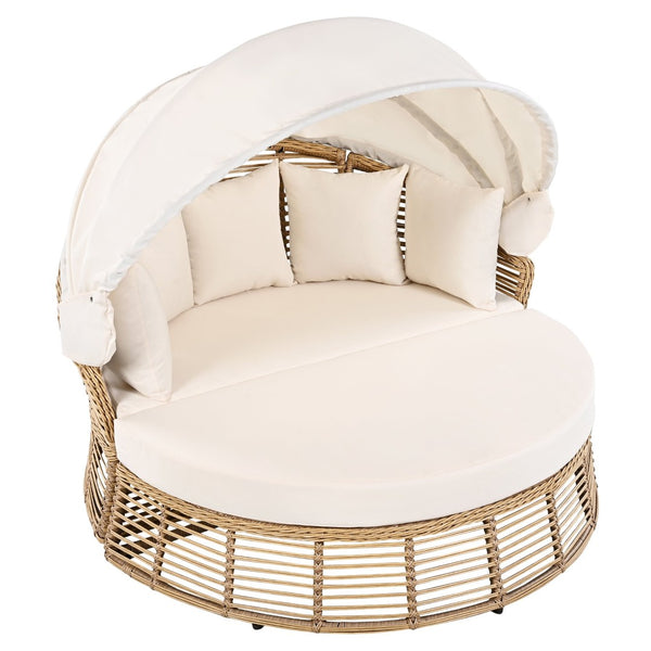 English Elm <old Outdoor Pe Wicker Round Daybed with Retractable Canopy and Convertible Lounge Seating N704P425943A