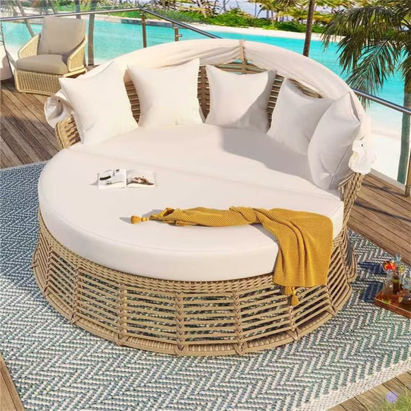 English Elm <old Outdoor Pe Wicker Round Daybed with Retractable Canopy and Convertible Lounge Seating N704P425943A
