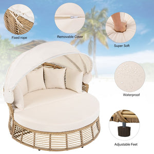 English Elm <old Outdoor Pe Wicker Round Daybed with Retractable Canopy and Convertible Lounge Seating N704P425943A