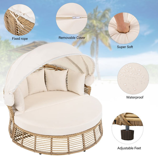 English Elm <old Outdoor Pe Wicker Round Daybed with Retractable Canopy and Convertible Lounge Seating N704P425943A