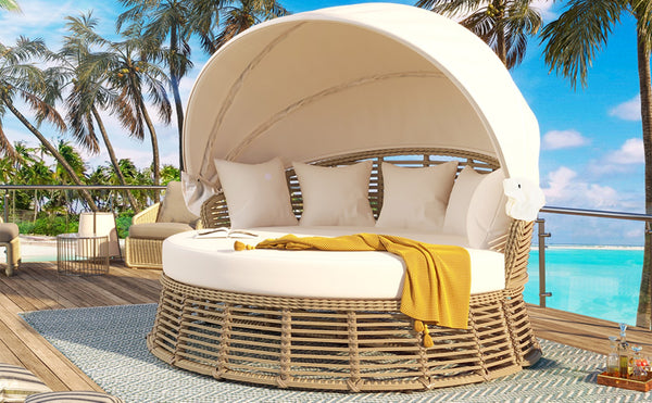 English Elm <old Outdoor Pe Wicker Round Daybed with Retractable Canopy and Convertible Lounge Seating N704P425943A
