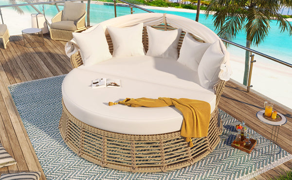 English Elm <old Outdoor Pe Wicker Round Daybed with Retractable Canopy and Convertible Lounge Seating N704P425943A