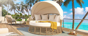 English Elm <old Outdoor Pe Wicker Round Daybed with Retractable Canopy and Convertible Lounge Seating N704P425943A