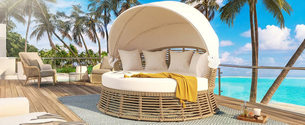 English Elm <old Outdoor Pe Wicker Round Daybed with Retractable Canopy and Convertible Lounge Seating N704P425943A