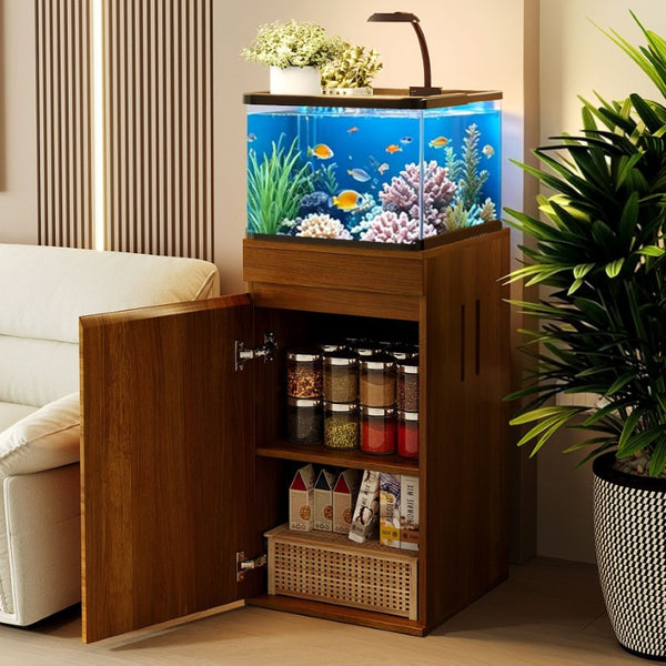 English Elm 10-15 Gallon Aquarium Stand with Wood Finish Cabinet and Built-In Power Strip Brown 16.9 L x 16.9 W x 31.4 H N704P444759D