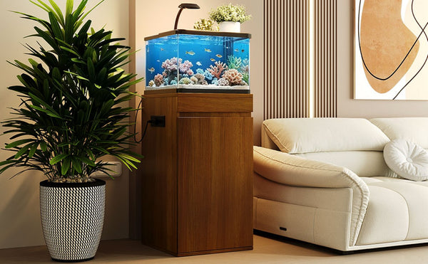 English Elm 10-15 Gallon Aquarium Stand with Wood Finish Cabinet and Built-In Power Strip Brown 16.9 L x 16.9 W x 31.4 H N704P444759D