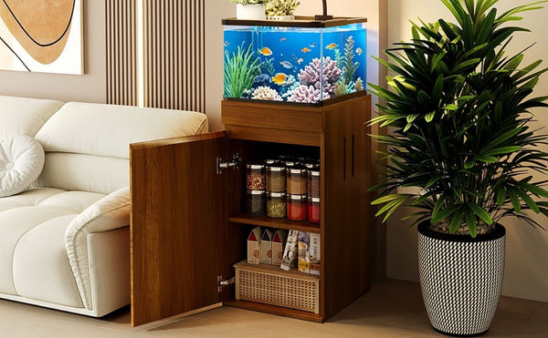 English Elm 10-15 Gallon Aquarium Stand with Wood Finish Cabinet and Built-In Power Strip Brown 16.9 L x 16.9 W x 31.4 H N704P444759D