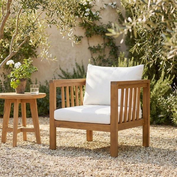 English Elm Outdoor Acacia Wood Club Chair with Square Arms Thick Cushion for Poolside Patio N704P448452A
