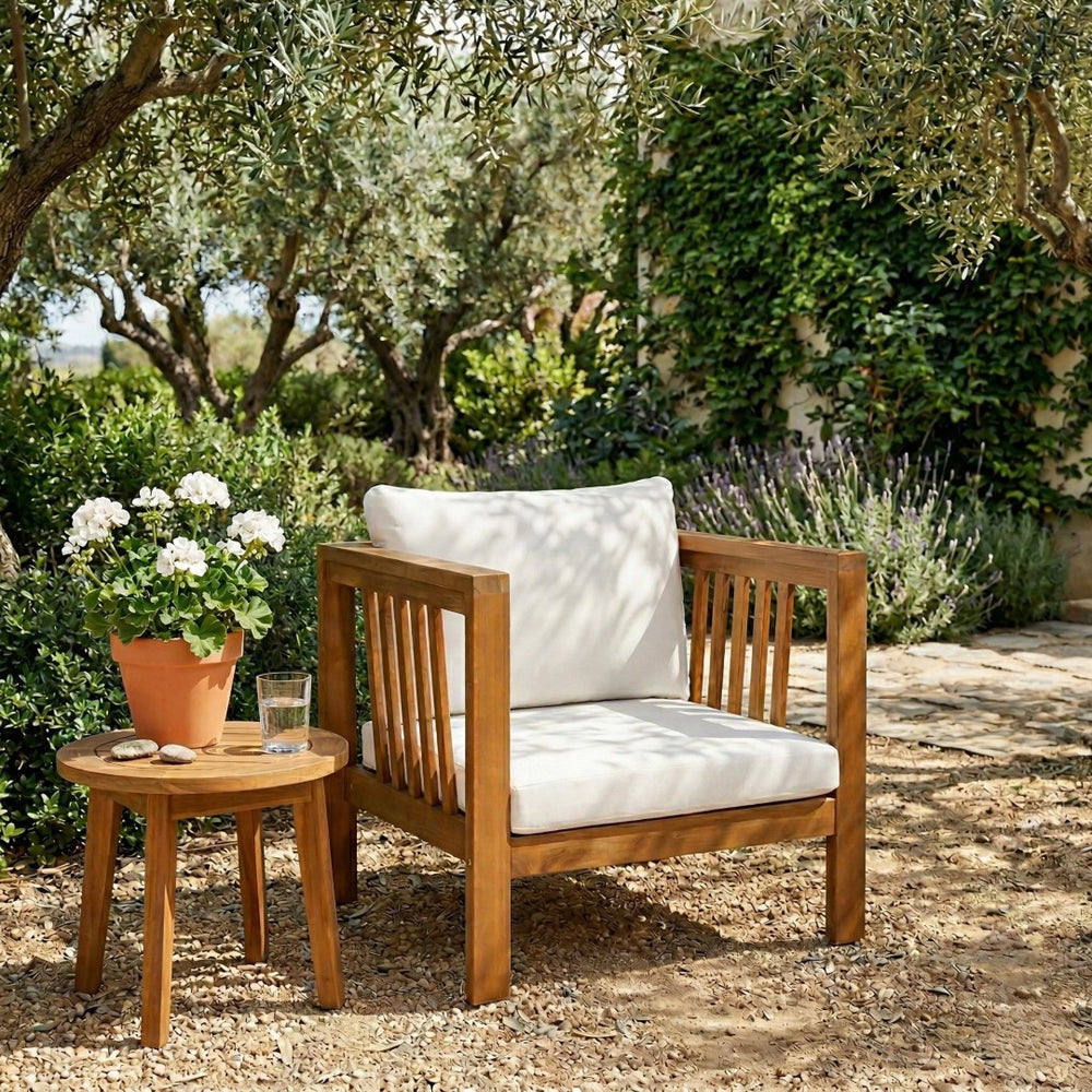 English Elm Outdoor Acacia Wood Club Chair with Square Arms Thick Cushion for Poolside Patio N704P448452A