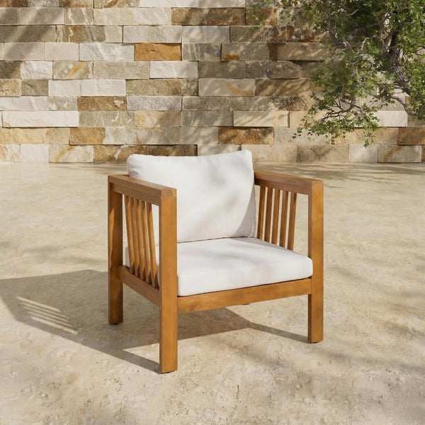 English Elm Outdoor Acacia Wood Club Chair with Square Arms Thick Cushion for Poolside Patio N704P448452A