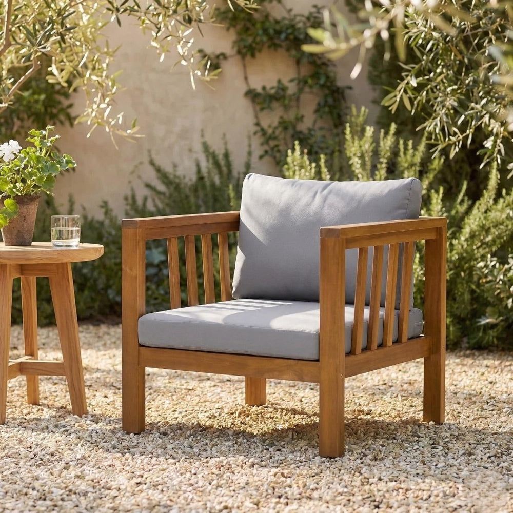 English Elm Outdoor Acacia Wood Club Chair Thick Cushion Square Arms Patio Poolside Seating N704P448452E