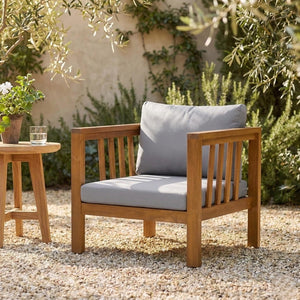 English Elm Outdoor Acacia Wood Club Chair Thick Cushion Square Arms Patio Poolside Seating N704P448452E
