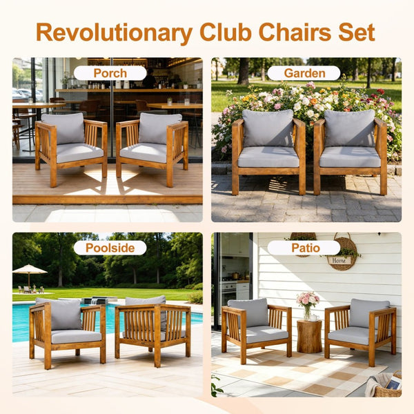 English Elm Outdoor Acacia Wood Club Chair Thick Cushion Square Arms Patio Poolside Seating N704P448452E