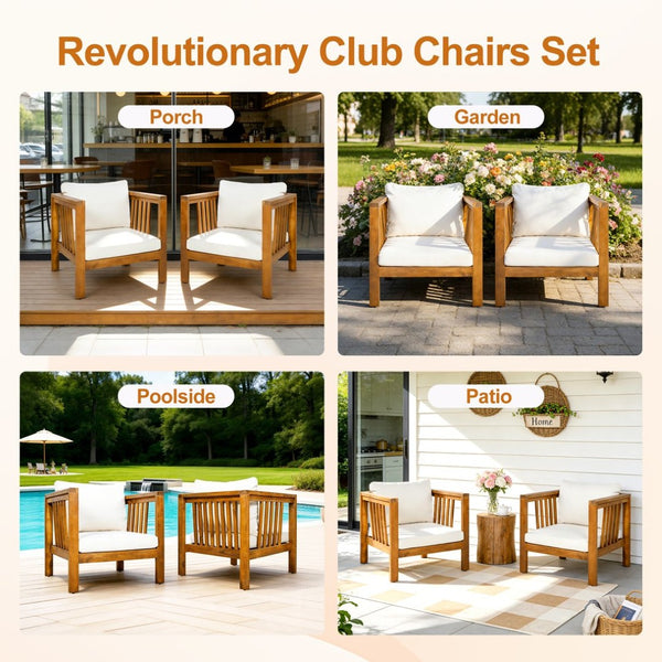 English Elm Set of 2 Outdoor Acacia Wood Club Chairs with Thick Cushions for Patio Poolside Beige N704P448453A