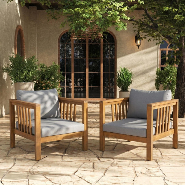English Elm Set of 2 Outdoor Acacia Wood Club Chairs with Thick Cushions for Patio Poolside Grey N704P448453E