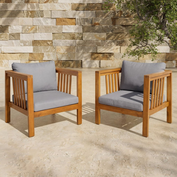 English Elm Set of 2 Outdoor Acacia Wood Club Chairs with Thick Cushions for Patio Poolside Grey N704P448453E