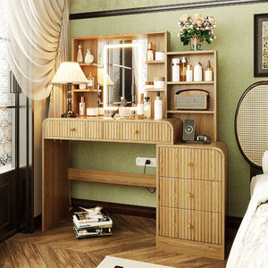 English Elm 47.4'' Fluted Makeup Vanity Desk with Led Mirror Charging Station and Five Drawers Natural N704P465888N
