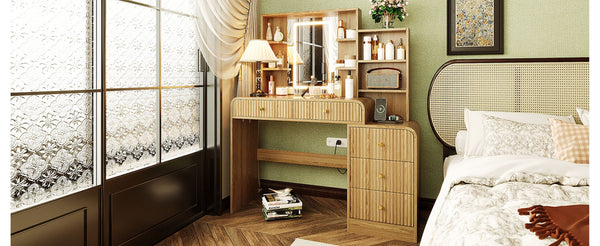 English Elm 47.4'' Fluted Makeup Vanity Desk with Led Mirror Charging Station and Five Drawers Natural N704P465888N